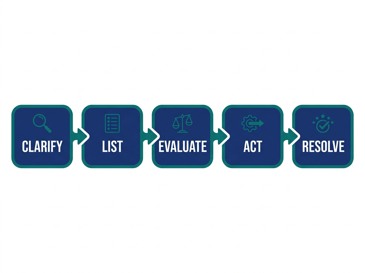 Diagram of the five-step CLEAR framework: Clarify, List, Evaluate, Act, Resolve